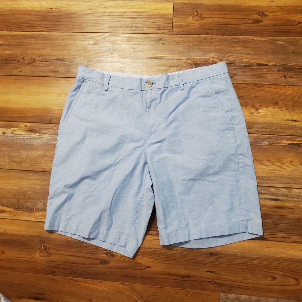 Chaps Mens Coastland Wash Oxford Shorts Blue Stretch Flat Front Size 36 Preppy